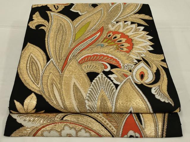 平和屋着物◎六通柄 本袋帯 更紗花文 黒地 金糸 正絹 逸品 AABL9834ou