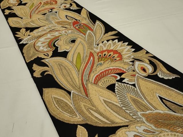 平和屋着物◎六通柄 本袋帯 更紗花文 黒地 金糸 正絹 逸品 AABL9834ou