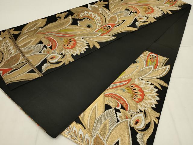 平和屋着物◎六通柄 本袋帯 更紗花文 黒地 金糸 正絹 逸品 AABL9834ou