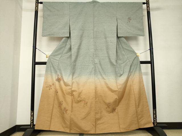 平和屋着物●訪問着 紬地 飾花文 暈し染め 金彩 正絹 逸品 AABM0043ck