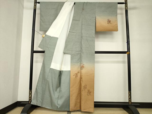 平和屋着物●訪問着 紬地 飾花文 暈し染め 金彩 正絹 逸品 AABM0043ck