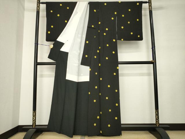 平和屋着物●上質な小紋 丸文 黒地 鬼しぼ縮緬 正絹 逸品 AABM0046ck