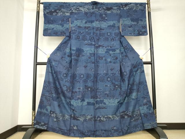 平和屋着物●小千谷紬 藍 風景花文 正絹 逸品 AABM0049ck