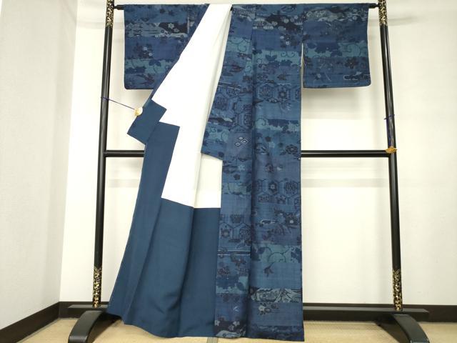 平和屋着物●小千谷紬 藍 風景花文 正絹 逸品 AABM0049ck