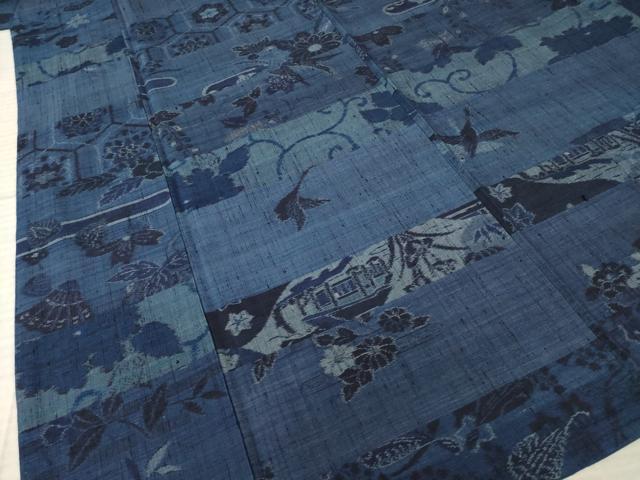 平和屋着物●小千谷紬 藍 風景花文 正絹 逸品 AABM0049ck