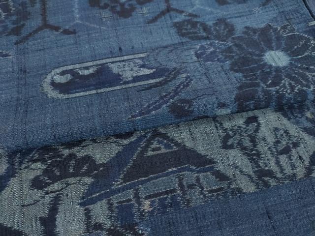 平和屋着物●小千谷紬 藍 風景花文 正絹 逸品 AABM0049ck