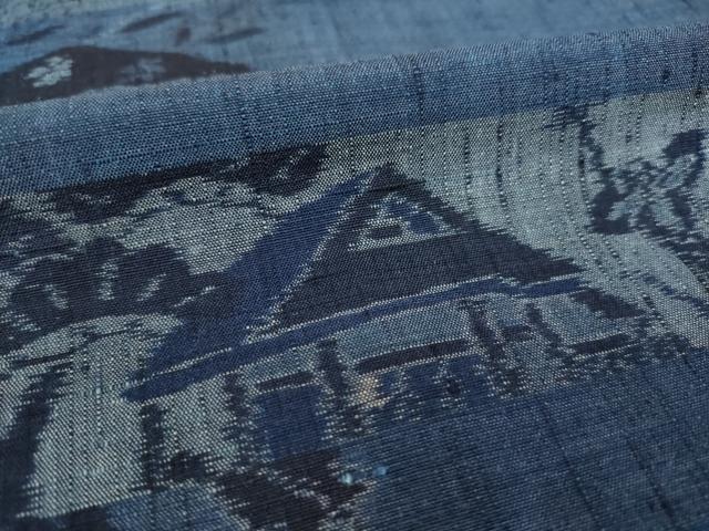 平和屋着物●小千谷紬 藍 風景花文 正絹 逸品 AABM0049ck