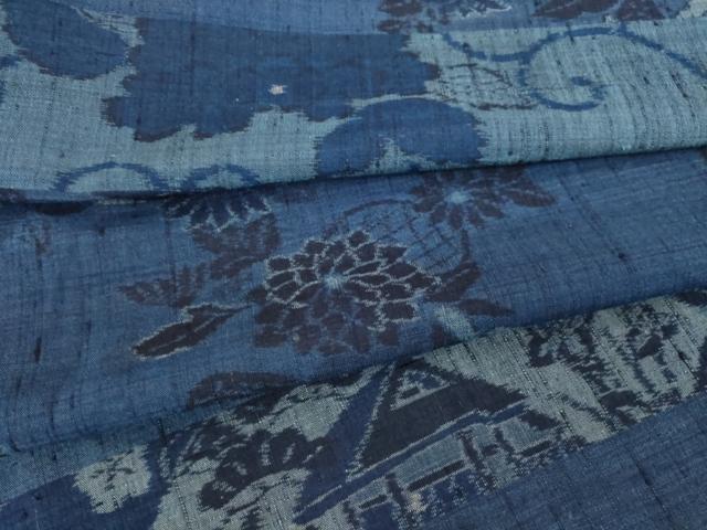 平和屋着物●小千谷紬 藍 風景花文 正絹 逸品 AABM0049ck