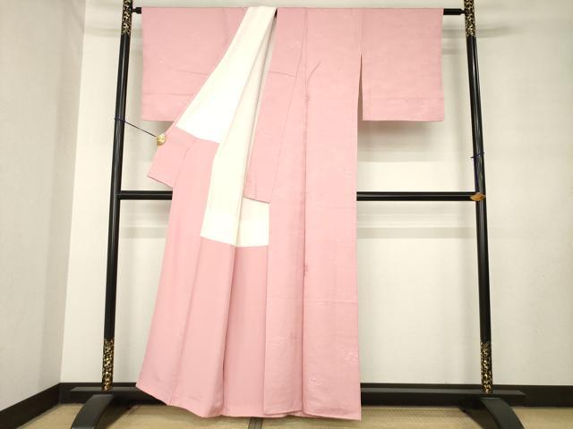 平和屋着物●上質な色無地 扇面吉祥花地紋 珊瑚色 正絹 逸品 AABM0056ck