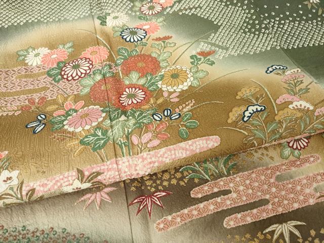 平和屋着物●訪問着 エ霞花文 暈し染め 金彩 正絹 逸品 AABM0074ck