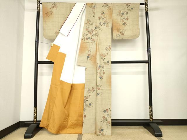平和屋着物●染織の名門 しょうざん 生紬 草花文 正絹 逸品 AABM0075ck