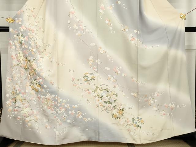 平和屋着物●訪問着 駒刺繍 雪芝花文 暈し染め 金彩 正絹 逸品 AABM0143cs