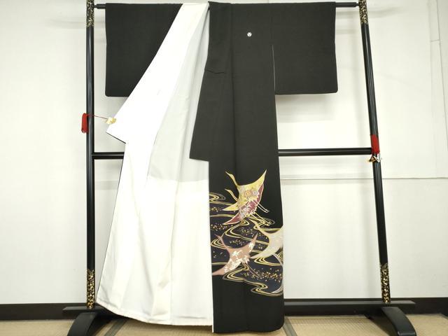 平和屋着物●創業460年・千總 黒留袖 駒刺繍 流水飛鶴文 金彩 正絹 逸品 AABM0147cs