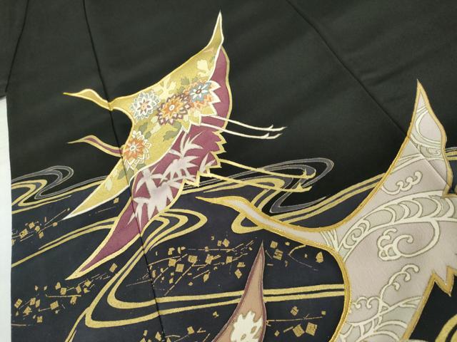 平和屋着物●創業460年・千總 黒留袖 駒刺繍 流水飛鶴文 金彩 正絹 逸品 AABM0147cs