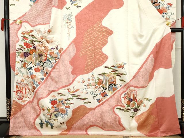 平和屋着物●創業460年・千總 振袖 絞り 駒刺繍 御所車飛鶴花文 金彩 正絹 逸品 AABM0150cs