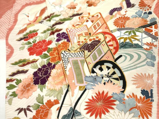 平和屋着物●創業460年・千總 振袖 絞り 駒刺繍 御所車飛鶴花文 金彩 正絹 逸品 AABM0150cs