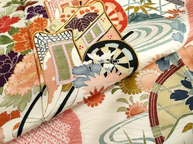 平和屋着物●創業460年・千總 振袖 絞り 駒刺繍 御所車飛鶴花文 金彩 正絹 逸品 AABM0150cs