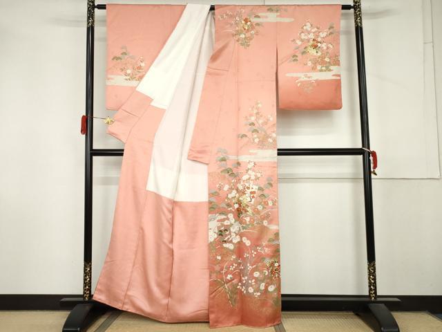 平和屋着物●訪問着 駒刺繍 色紙重ね飛鶴花文 暈し染め 金彩 正絹 逸品 AABM0161cs