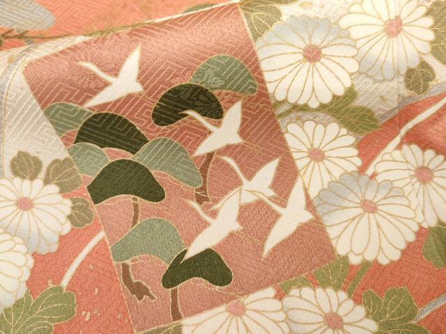 平和屋着物●訪問着 駒刺繍 色紙重ね飛鶴花文 暈し染め 金彩 正絹 逸品 AABM0161cs