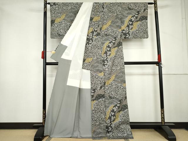 平和屋着物●上質な小紋 紬地 立波花唐草文 正絹 逸品 AABM0164cs