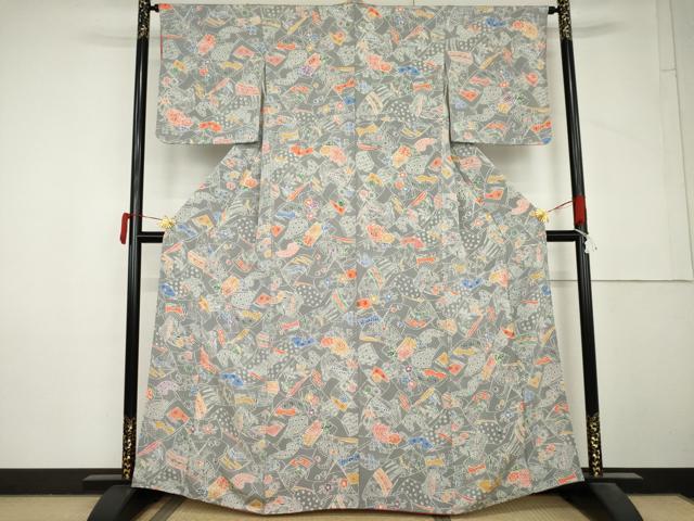 平和屋着物●上質な小紋 型染め 誰が袖花文 千鳥 鬼しぼ縮緬 正絹 逸品 AABM0255cs