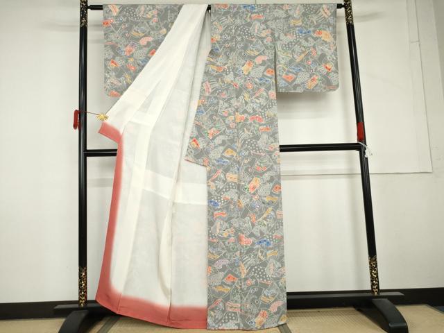 平和屋着物●上質な小紋 型染め 誰が袖花文 千鳥 鬼しぼ縮緬 正絹 逸品 AABM0255cs