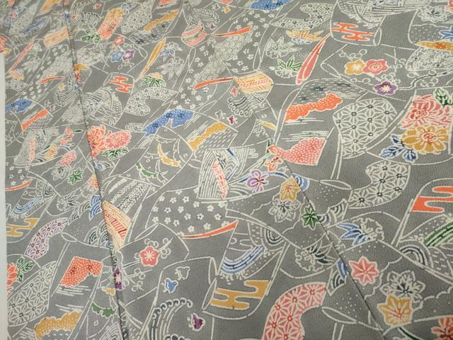 平和屋着物●上質な小紋 型染め 誰が袖花文 千鳥 鬼しぼ縮緬 正絹 逸品 AABM0255cs