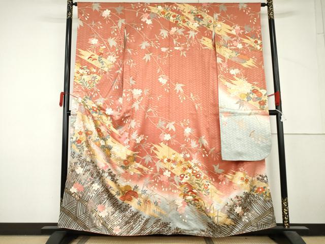 平和屋着物●十日町老舗ブランド 吉澤友禅 吾妻徳穂 振袖 花松文 暈し染め 金彩 正絹 逸品 AABM0258cs