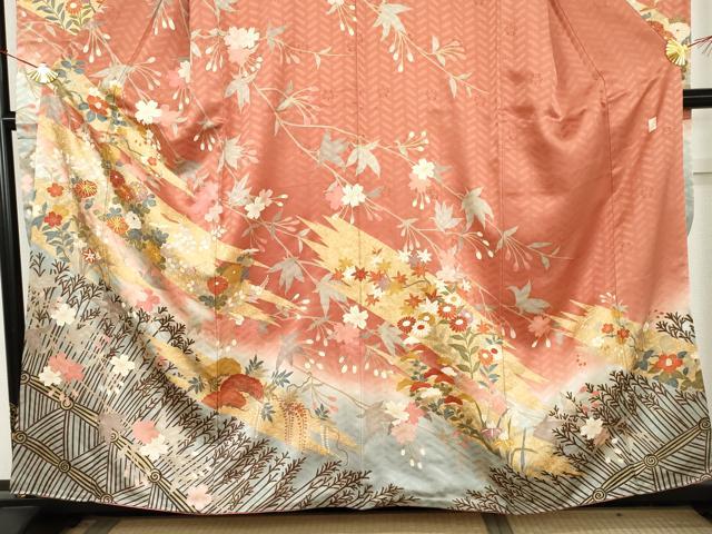 平和屋着物●十日町老舗ブランド 吉澤友禅 吾妻徳穂 振袖 花松文 暈し染め 金彩 正絹 逸品 AABM0258cs