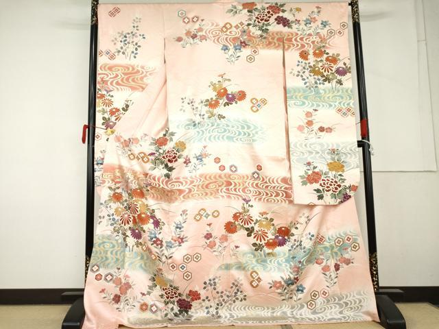 平和屋着物●豪華振袖 流水枝花文 暈し染め 金彩 ロング丈 正絹 逸品 AABM0273cs