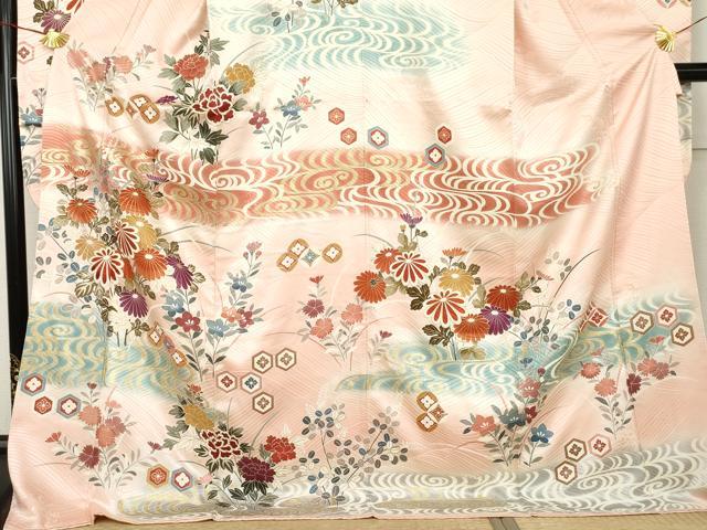 平和屋着物●豪華振袖 流水枝花文 暈し染め 金彩 ロング丈 正絹 逸品 AABM0273cs