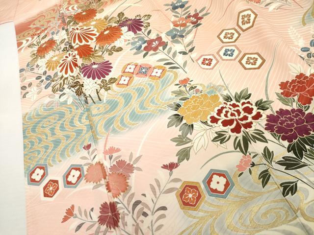 平和屋着物●豪華振袖 流水枝花文 暈し染め 金彩 ロング丈 正絹 逸品 AABM0273cs