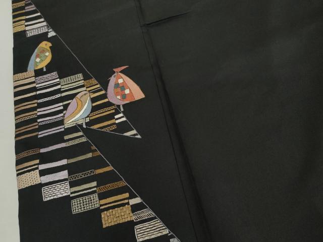 平和屋着物●本場大島紬 訪問着 総刺繍 鳥 黒地 金糸 正絹 逸品 AABM0277cs