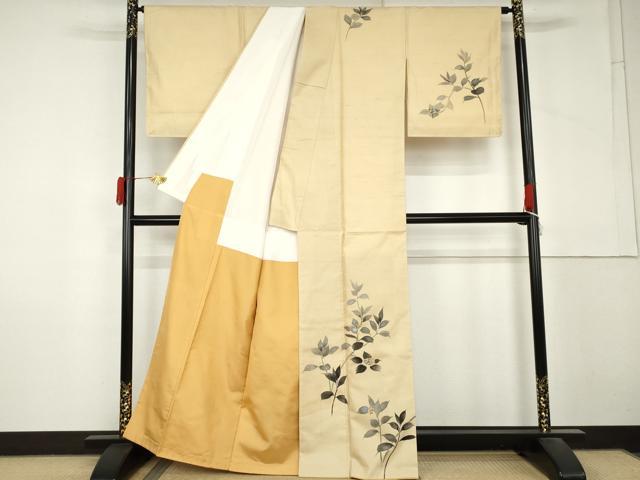 平和屋着物●白山紬 訪問着 手描き 枝葉文 正絹 逸品 AABM0278cs