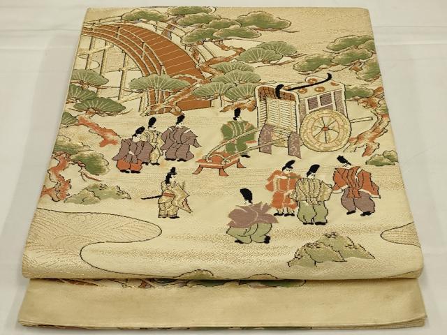 平和屋着物◎六通柄袋帯 唐織 渡橋人物風景文 金糸 正絹 逸品 AABM0317ou