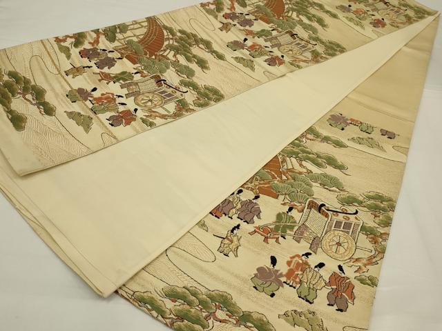 平和屋着物◎六通柄袋帯 唐織 渡橋人物風景文 金糸 正絹 逸品 AABM0317ou