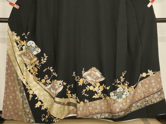 平和屋着物■豪華黒留袖 駒刺繍 向かい鳳凰花文 金銀彩 正絹 逸品 AABM0498ja