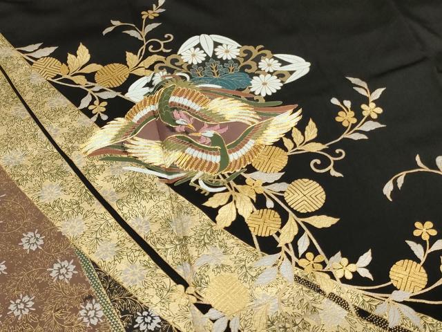 平和屋着物■豪華黒留袖 駒刺繍 向かい鳳凰花文 金銀彩 正絹 逸品 AABM0498ja