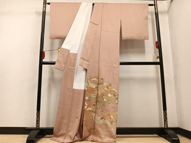 平和屋着物●豪華色留袖 駒刺繍 扇面草花文 金彩 正絹 逸品 AABM0657ph