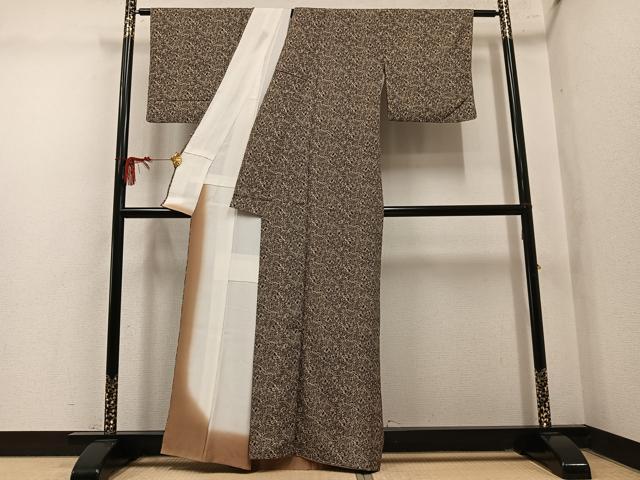平和屋着物●上質な小紋 紬地 型染め 草木文 正絹 逸品 AABM0663ph