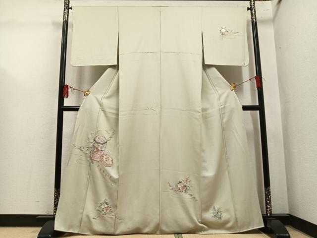 平和屋着物●訪問着 駒刺繍 貝桶草花文 正絹 逸品 AABM0666ph