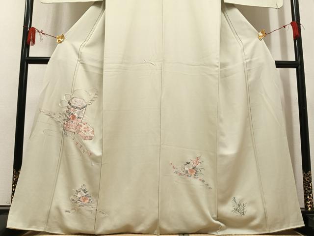 平和屋着物●訪問着 駒刺繍 貝桶草花文 正絹 逸品 AABM0666ph
