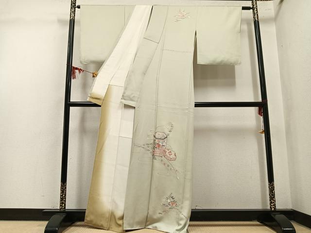 平和屋着物●訪問着 駒刺繍 貝桶草花文 正絹 逸品 AABM0666ph