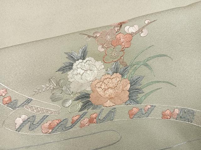 平和屋着物●訪問着 駒刺繍 貝桶草花文 正絹 逸品 AABM0666ph