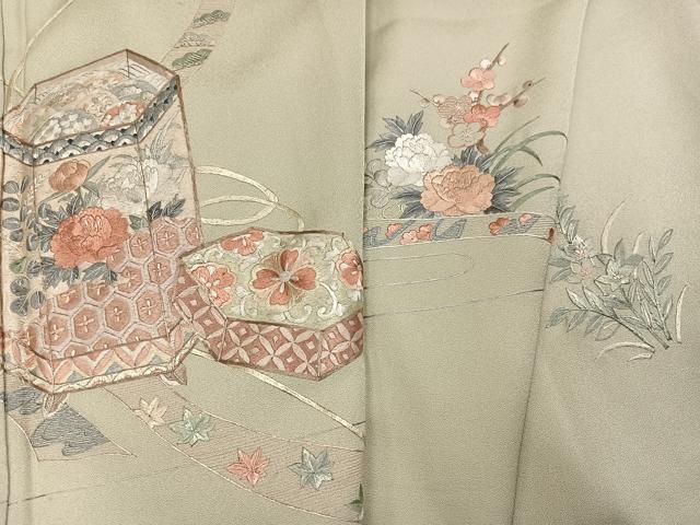 平和屋着物●訪問着 駒刺繍 貝桶草花文 正絹 逸品 AABM0666ph