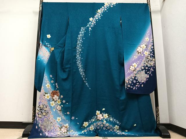 平和屋着物●豪華振袖 舞桜文 暈し染め 金彩 京都きもの友禅扱い ロング丈 正絹 逸品 AABM0673ph
