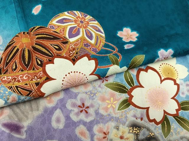 平和屋着物●豪華振袖 舞桜文 暈し染め 金彩 京都きもの友禅扱い ロング丈 正絹 逸品 AABM0673ph