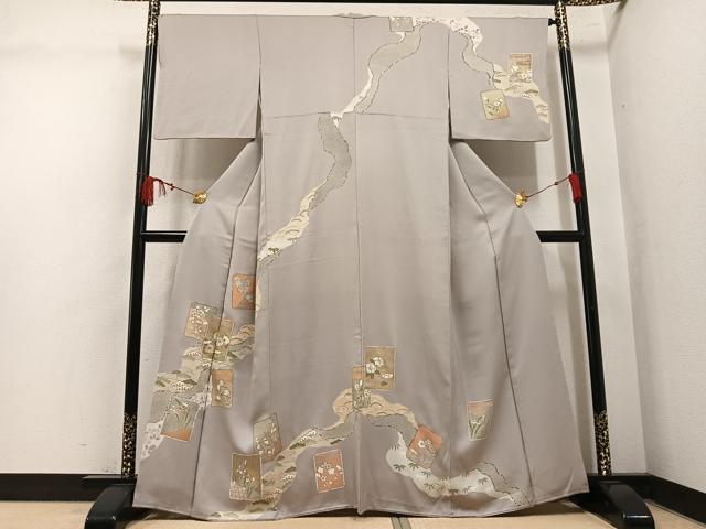 平和屋着物●訪問着 駒刺繍 色紙草花文 金彩 正絹 逸品 AABM0678ph