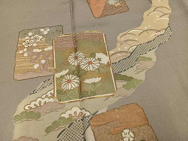 平和屋着物●訪問着 駒刺繍 色紙草花文 金彩 正絹 逸品 AABM0678ph