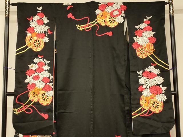 平和屋本店●お引きずり・お引き摺り・引き振袖 和装 結婚式 舞妓 芸妓 芸者 衣装 総刺繍 紐花車文 黒地 金銀糸 逸品 AABM0831fw